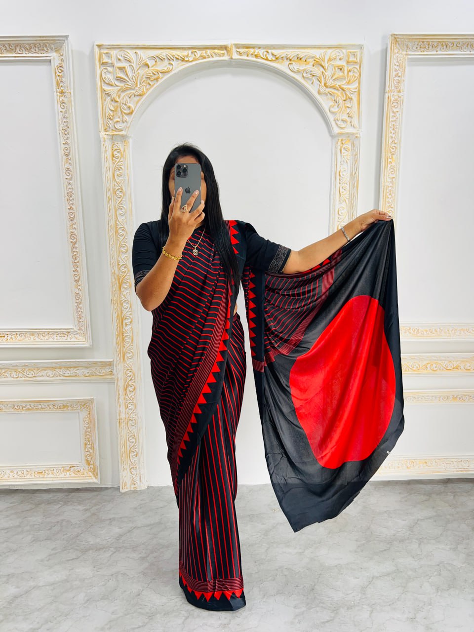 Black & Maroon Saree with Bold Red Circle Pallu – Modern Designer Look