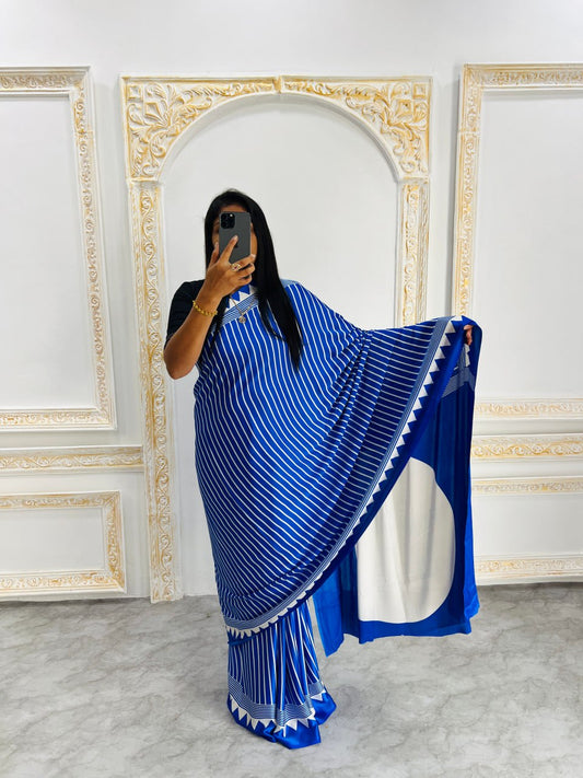 Blue & White Saree with Bold White Circle Pallu – Modern Designer Look