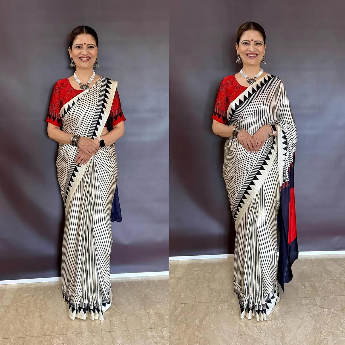 Exclusive Black, Red & White Stripe Ajrakh Semi Gajji Saree