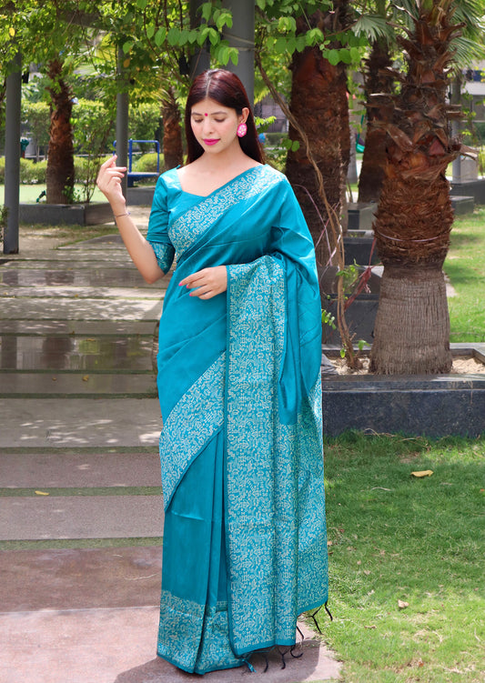 Teal Blue Banglori Handloom Raw Silk Saree with Rich Pallu