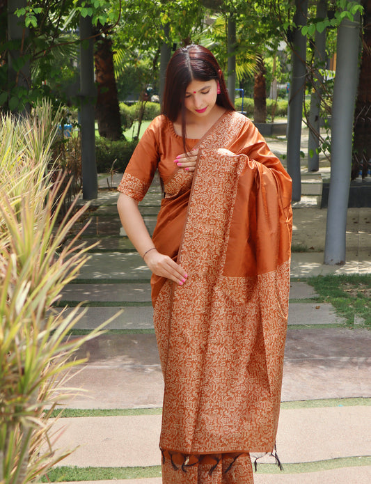 Copper Brown Handloom Raw Silk Saree with Rich Pallu