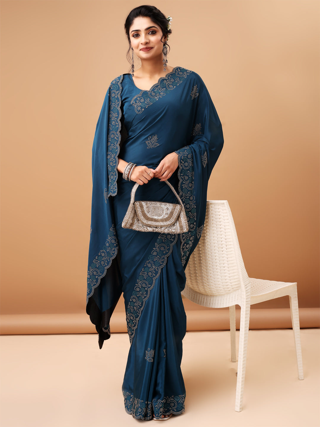 Air Force Blue Metallic Silk Saree With Unstitched Blouse For Women