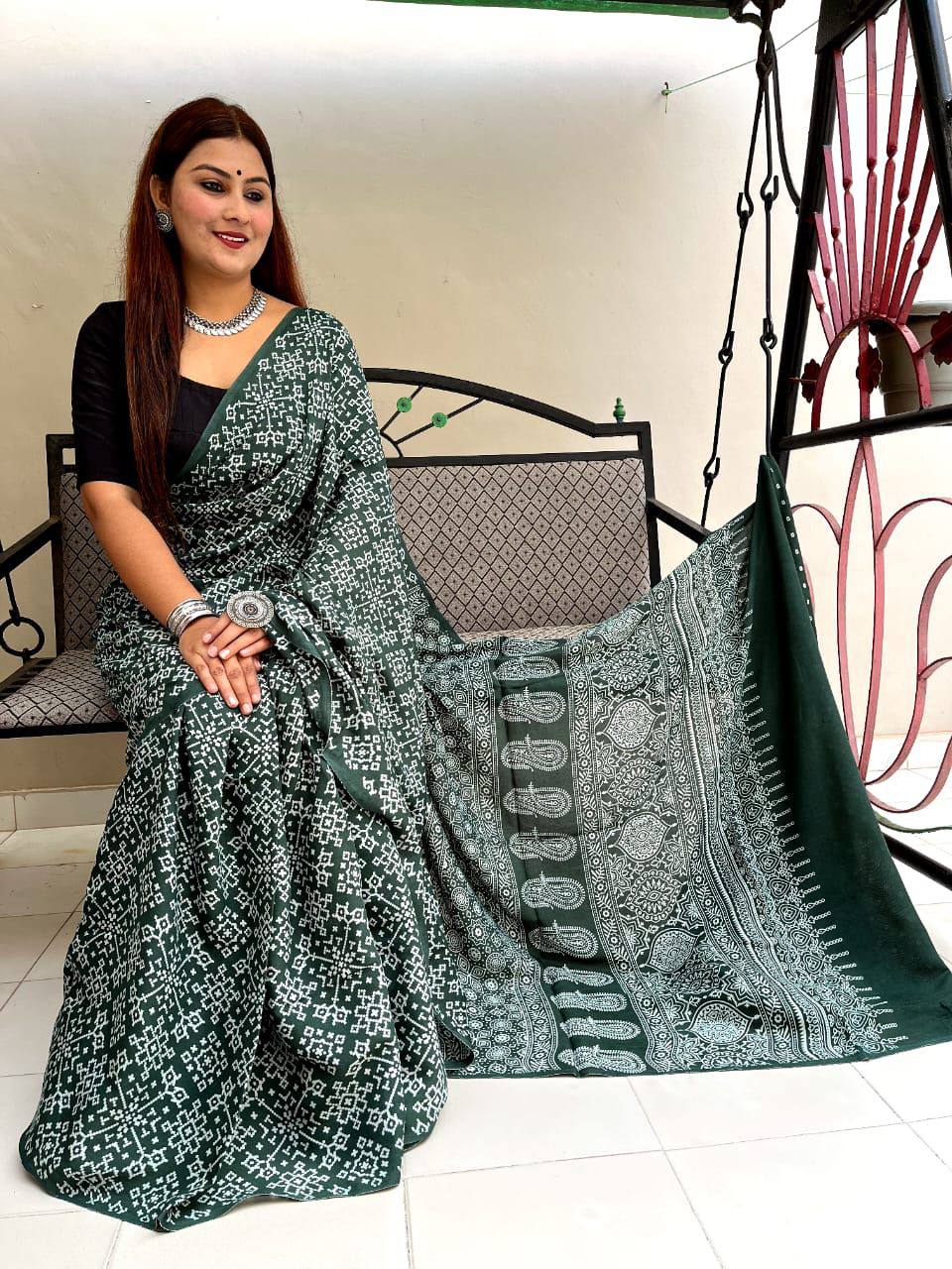Graceful Green Ajrakh Printed Modal Saree
