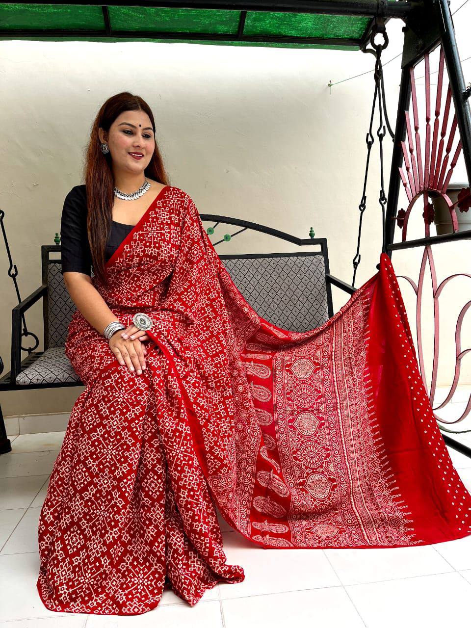 Classic Red Ajrakh Printed Modal Saree wiith Matching Pallu