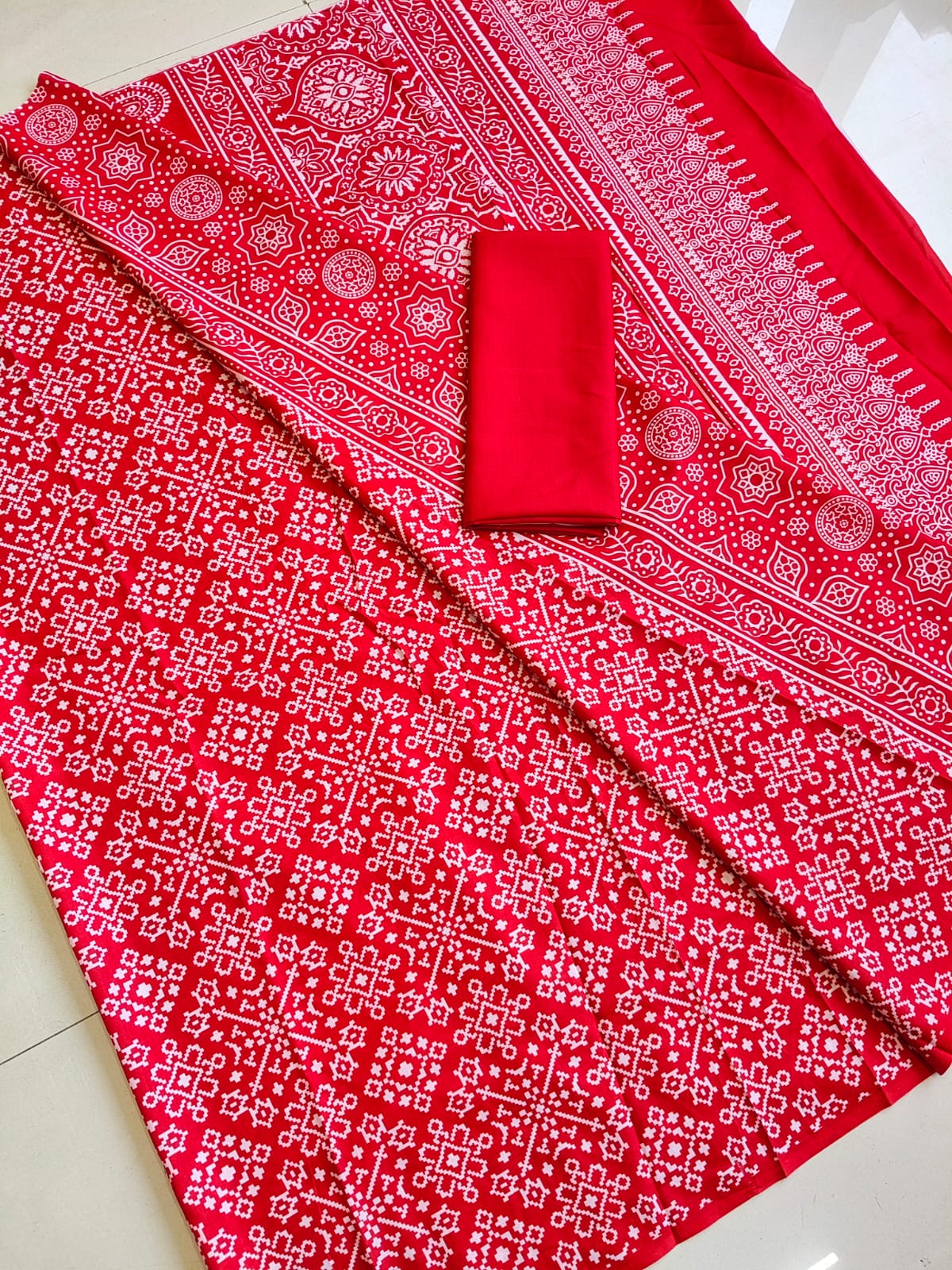 Classic Red Ajrakh Printed Modal Saree wiith Matching Pallu