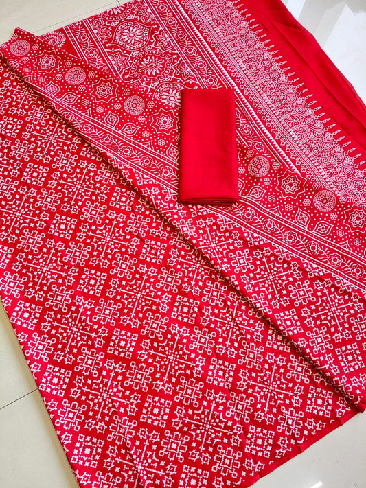 Classic Red Ajrakh Printed Modal Saree wiith Matching Pallu