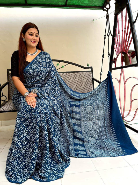Blue Soft Muslin Saree with Timeless Ajrakh Prints