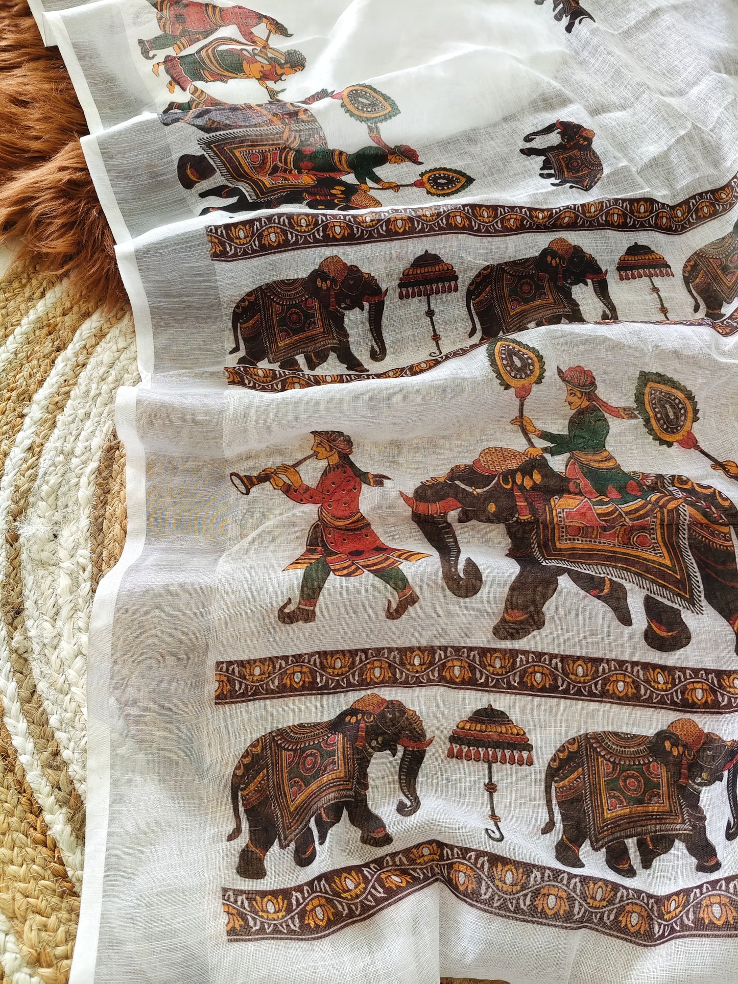 White Linen Saree with Ethnic Tribal and Elephant Print