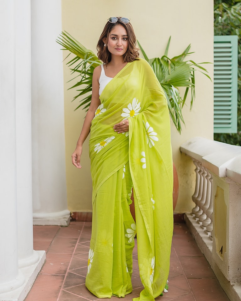 Lime Green Linen Cotton Saree with White Daisy Digital Print