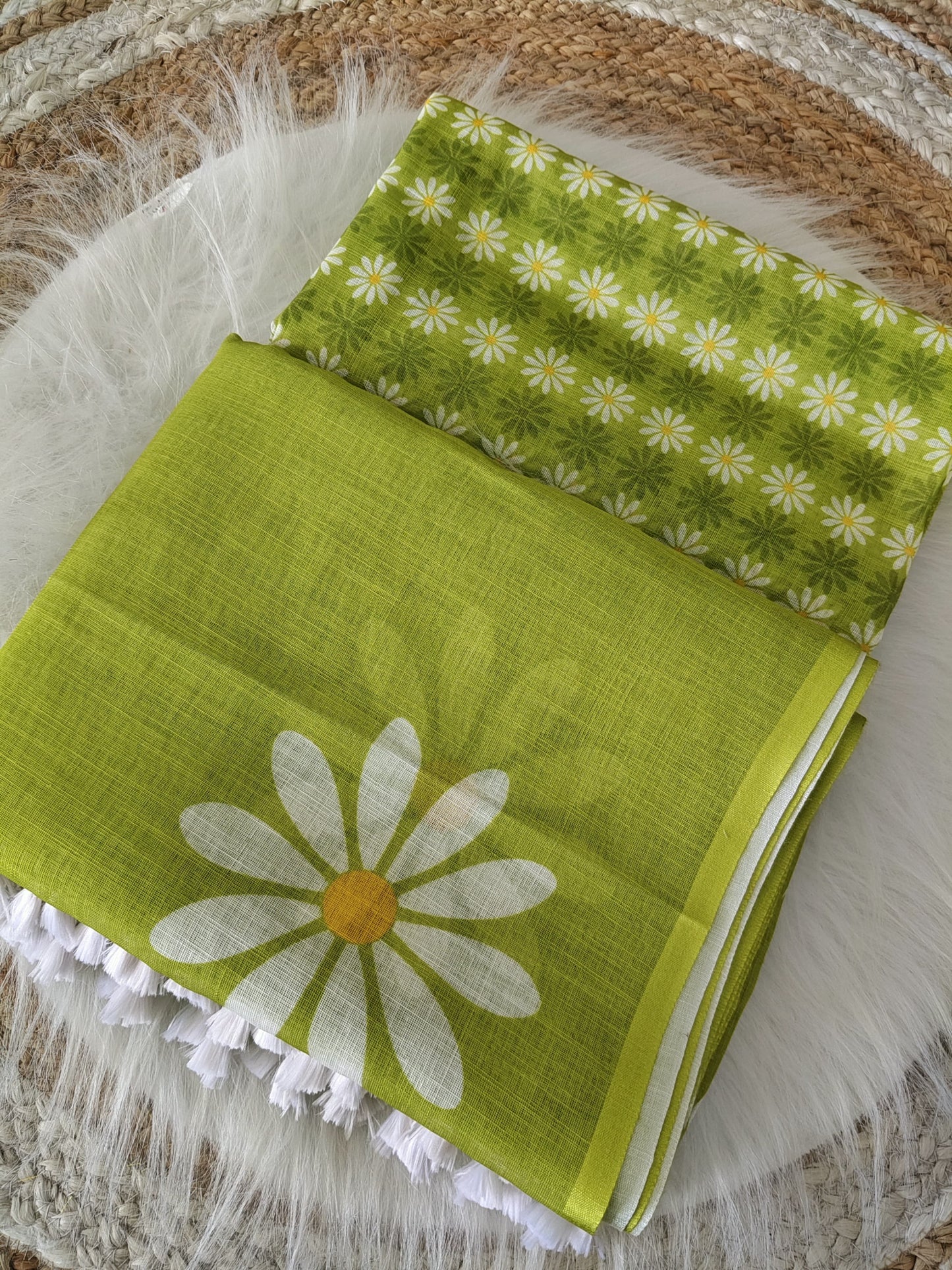 Lime Green Linen Cotton Saree with White Daisy Digital Print