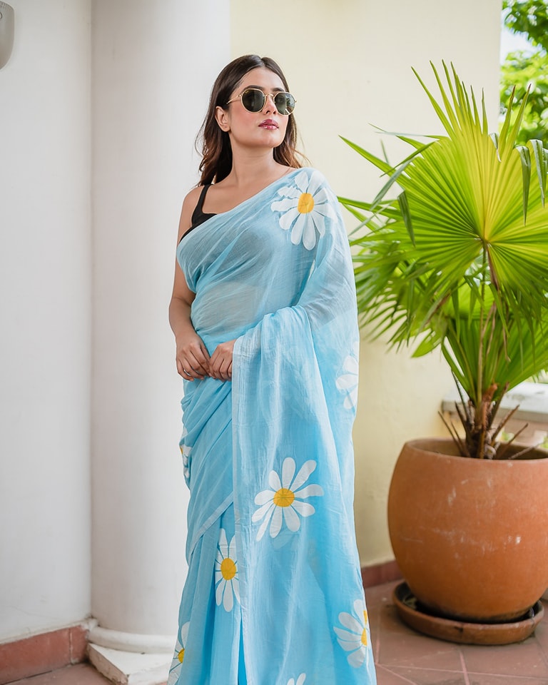 Sky Blue Linen Cotton Saree with Daisy Digital Print