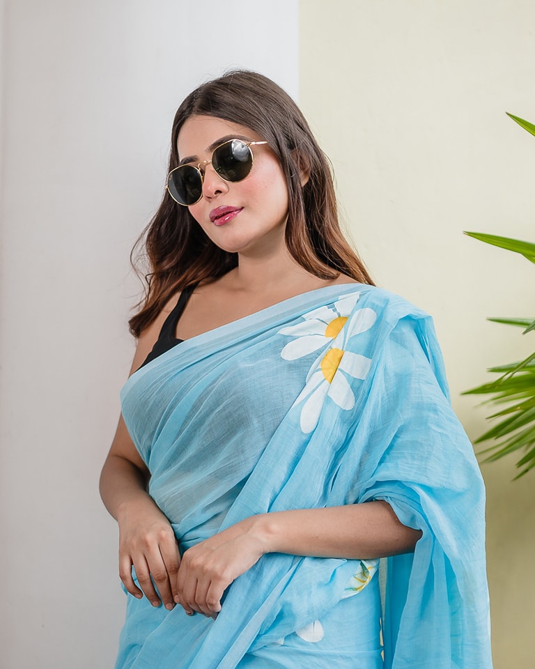 Sky Blue Linen Cotton Saree with Daisy Digital Print