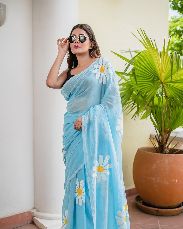 Sky Blue Linen Cotton Saree with Daisy Digital Print