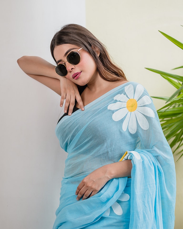 Sky Blue Linen Cotton Saree with Daisy Digital Print