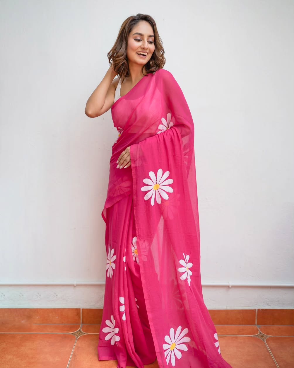 Pink Linen Cotton Saree with Daisy Digital Print