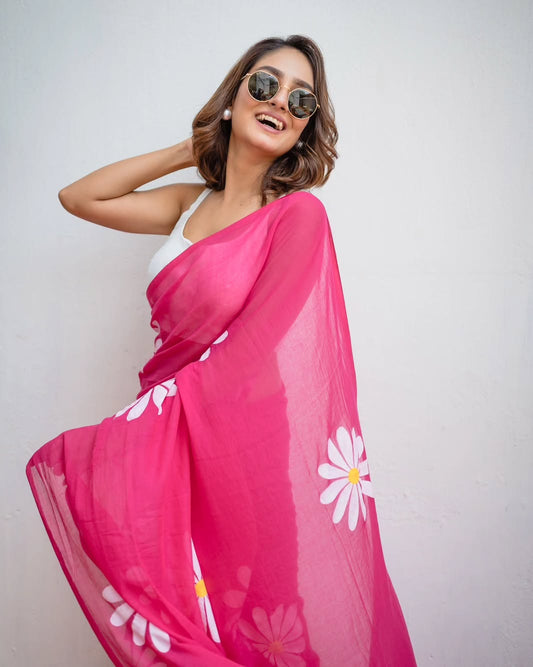 Pink Linen Cotton Saree with Daisy Digital Print