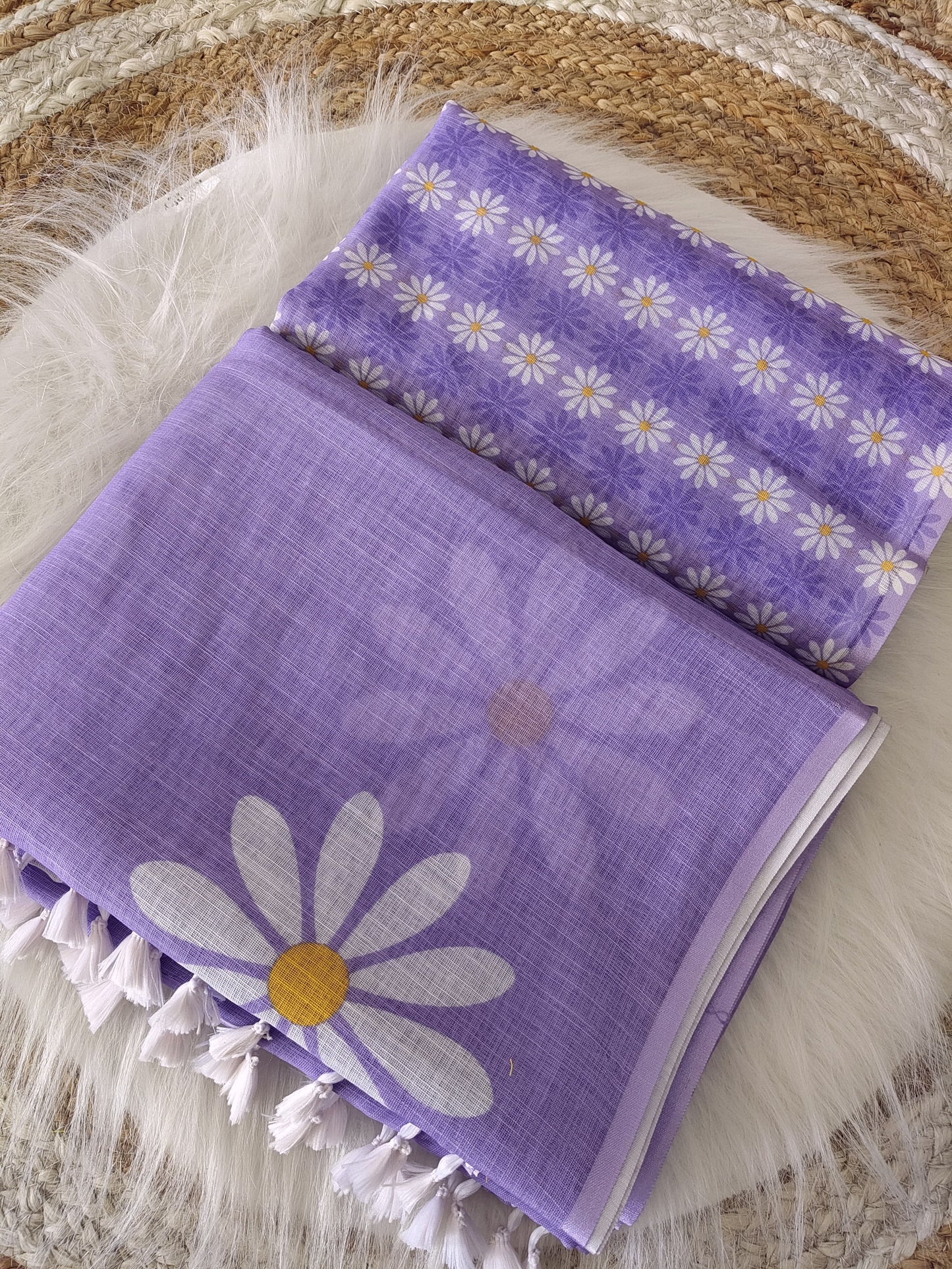 Lavender Linen Cotton Saree with White Daisy Floral Digital Print