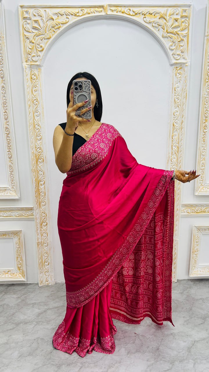 Magenta Pink Ajrakh Print Premium Saree – Festive Ethnic Wear