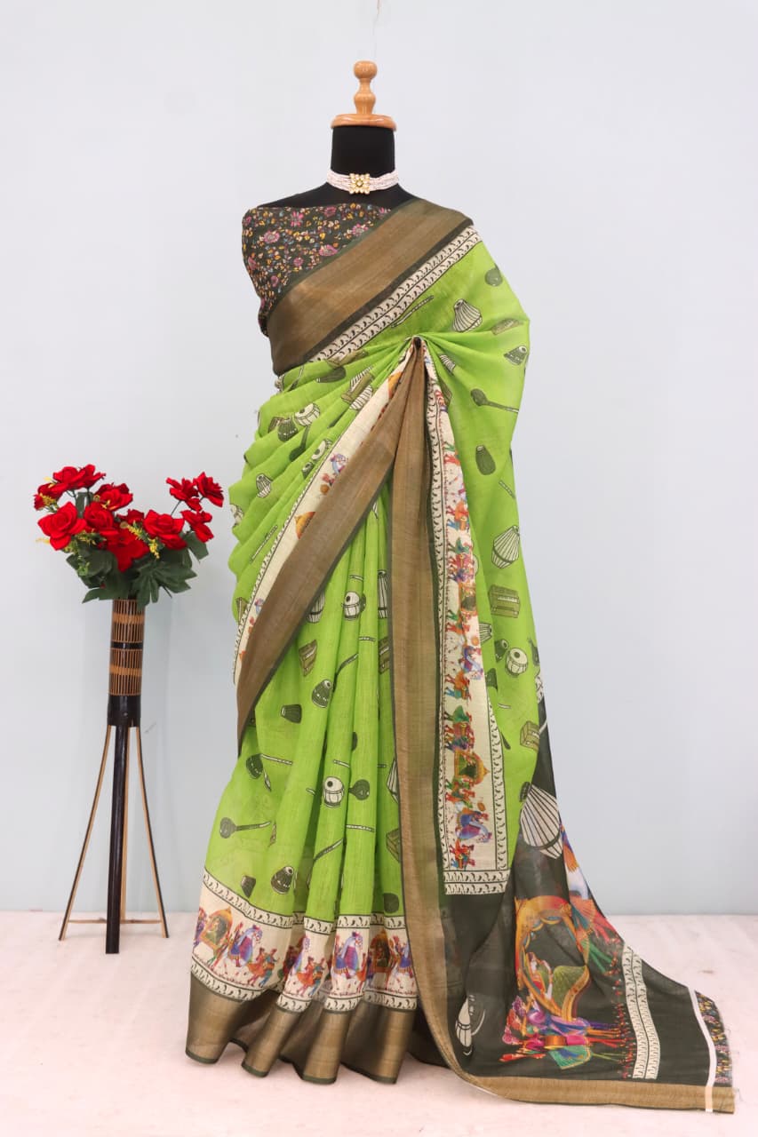 Premium Linen Cotton Saree with Artistic Folk Dance Digital Print -Parrot Green & Black