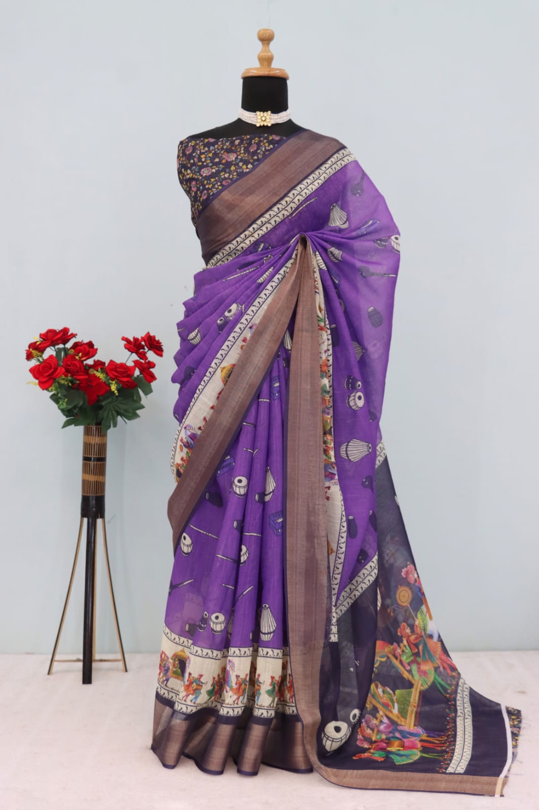 Purple & Navy blue Linen Cotton Saree with Artistic Folk Dance Digital Print