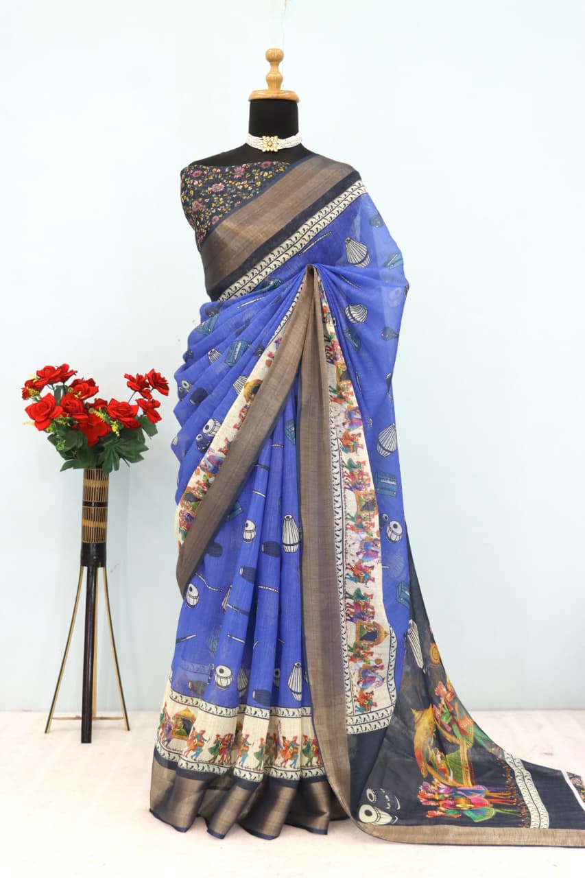 Premium Linen Cotton Saree with Artistic Folk Dance Digital Print -Blue & Black