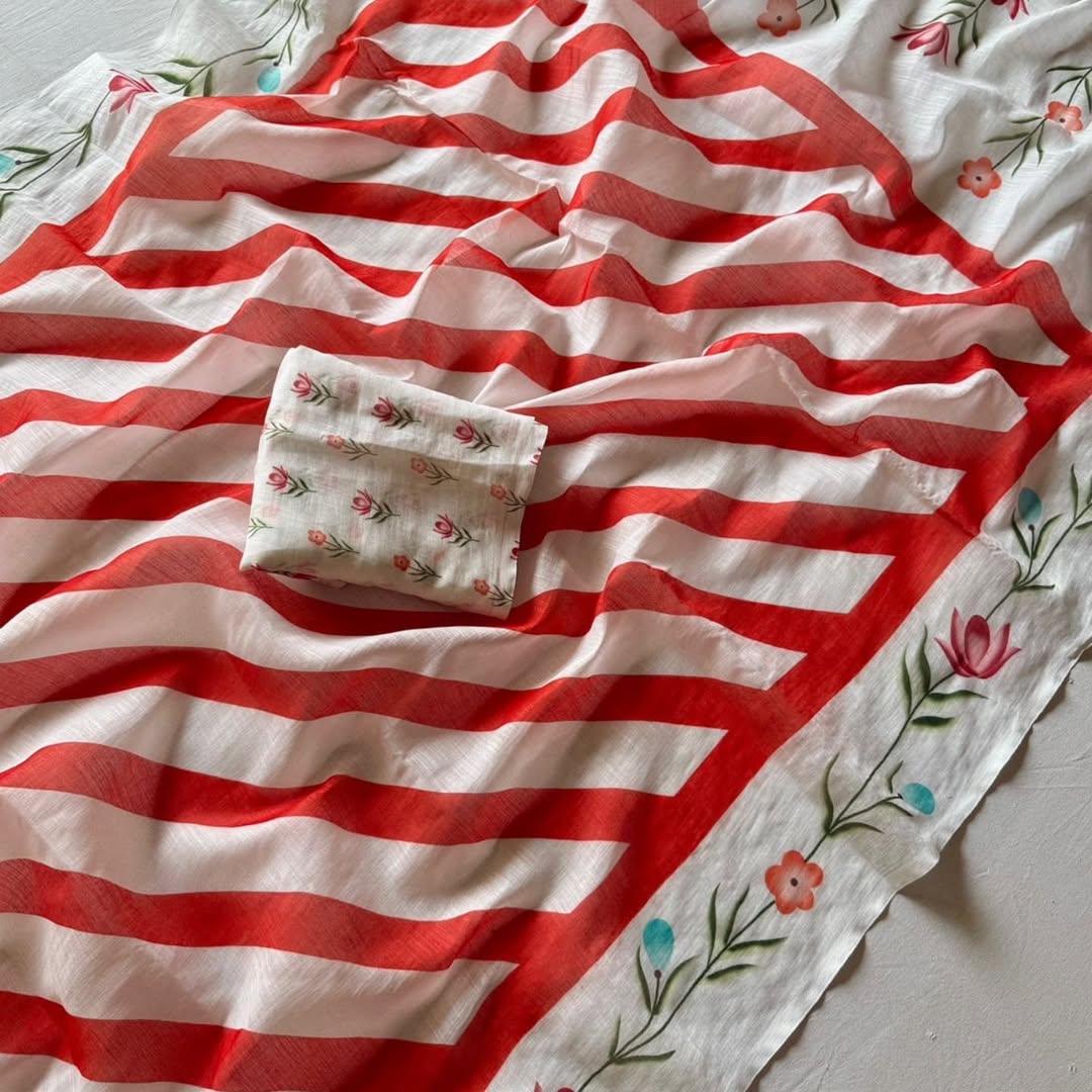 White & Red Striped Linen Saree with Hand-Painted Floral Border and Printed Blouse