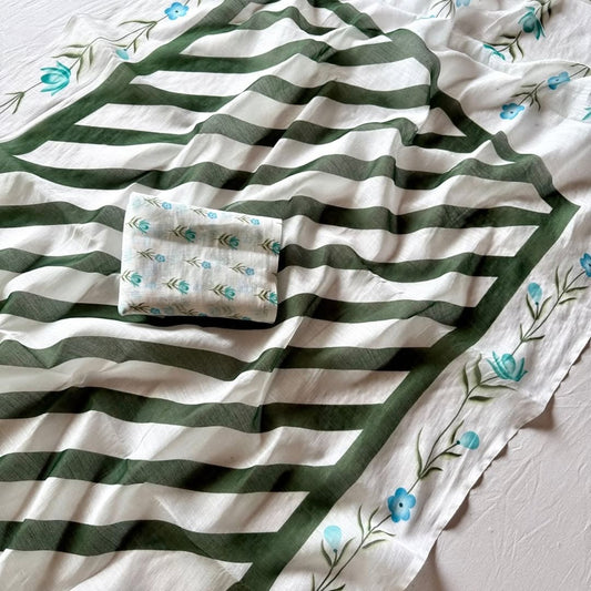 White & Green Striped Linen Saree with Blue Floral Border and Printed Blouse