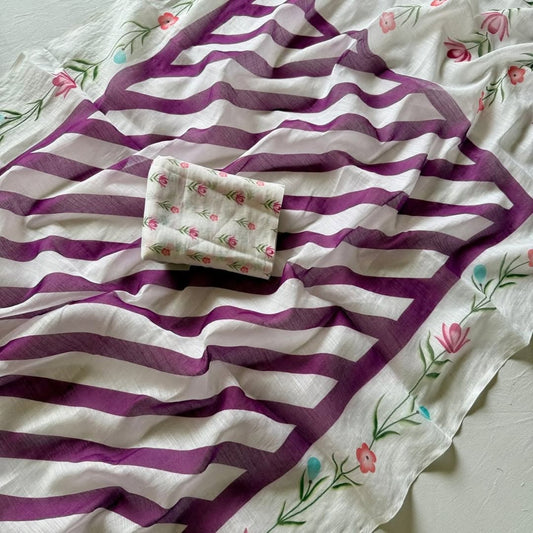 Elegant White Linen Saree with Purple Stripes & Floral Border