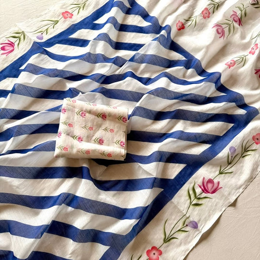 Elegant White Linen Saree with Blue Stripes & Floral Border