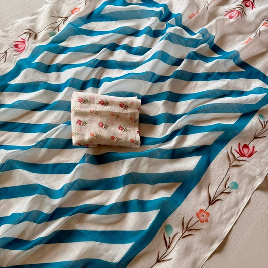 White Linen Saree with Blue Stripes & Floral Border