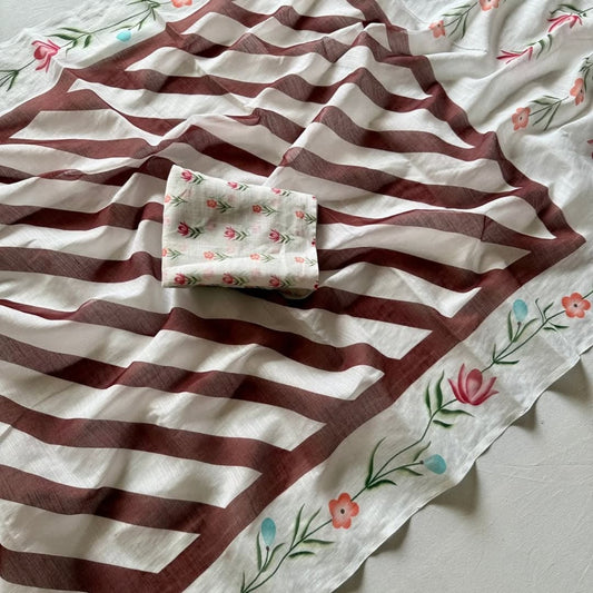 Graceful White Linen Saree with Brown Stripes & Floral Border
