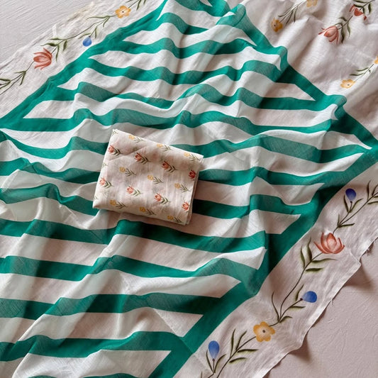 Graceful White Linen Saree with Green Stripes & Floral Border