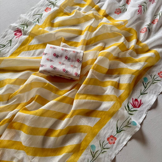 Graceful White Linen Saree with Yellow Stripes & Floral Border
