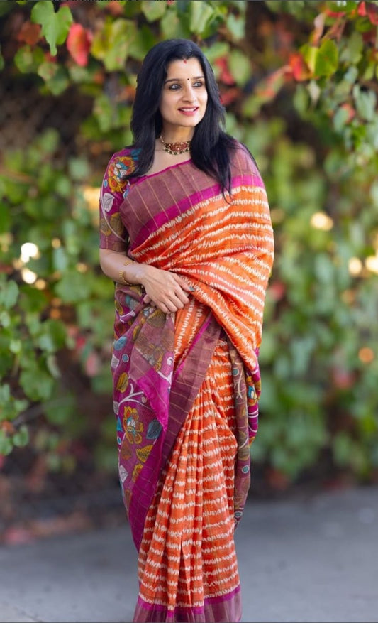 Elegant Digital Print Linen Saree in Orange & Magenta Tones