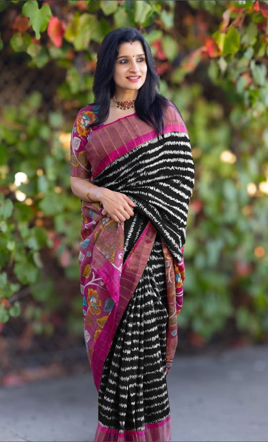 Classic Black Linen Digital Print Saree with Magenta Pallu