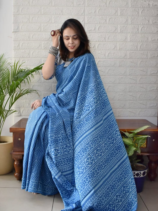 Digital Print Linen Saree in Sky Blue with Ethnic Motif Patterns
