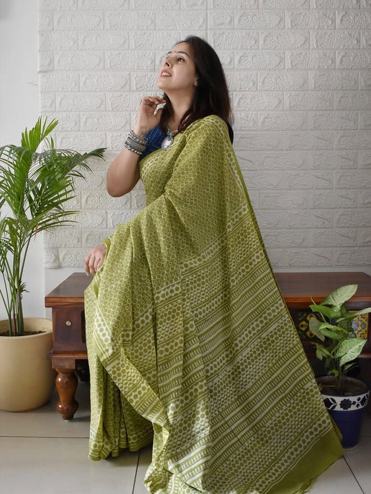 Digital Print Linen Saree in Olive Green with Ethnic Stripes & Dotted Patterns