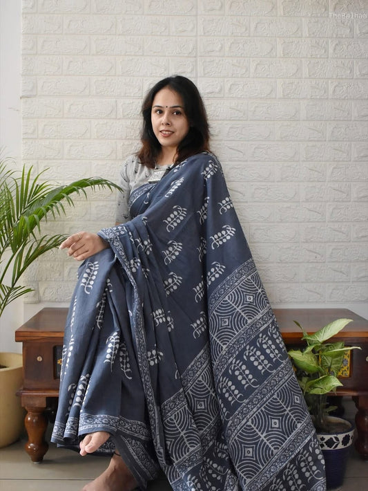 Digital Print Linen Saree in Slate Grey with Floral & Geometric Ethnic Patterns
