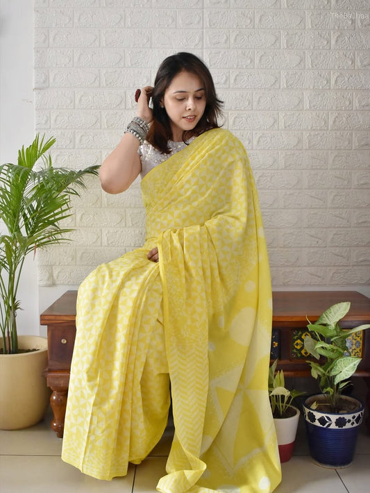 Digital Print Linen Saree in Royal Yellow with Bold Geometric & Ethnic Patterns