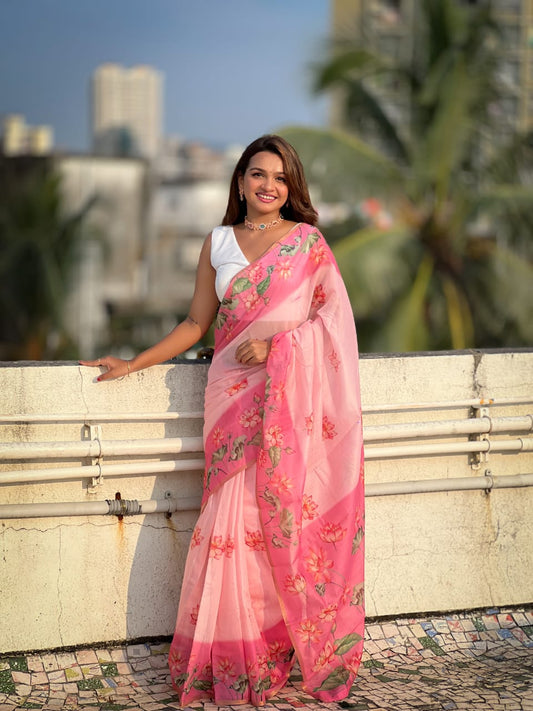 Charming Pink Floral Print Saree with White Blouse