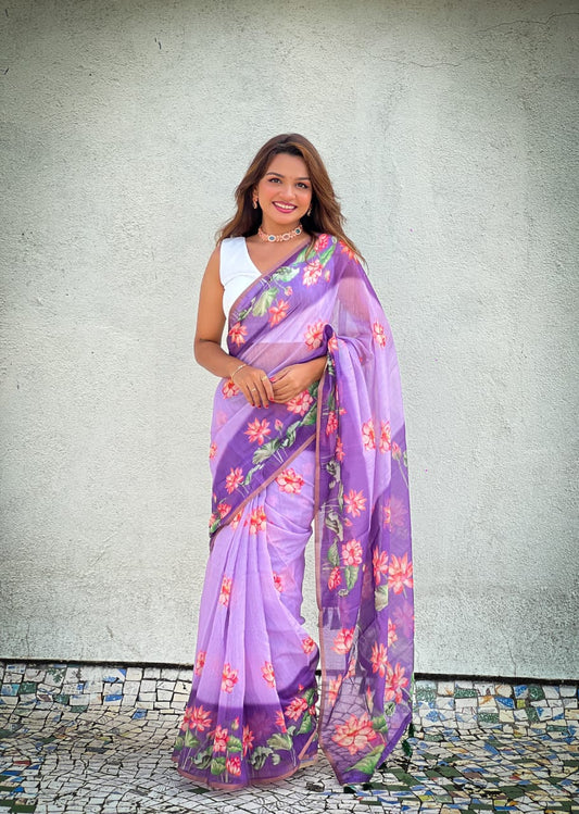 Graceful Lavender Floral Print Saree with White Blouse