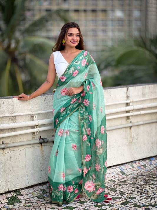 Refreshing Green Floral Print Saree with White Blouse
