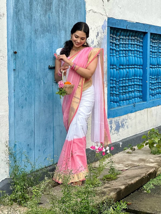 Elegant White & Pink Linen Saree with Gold Border and Digital Print Blouse
