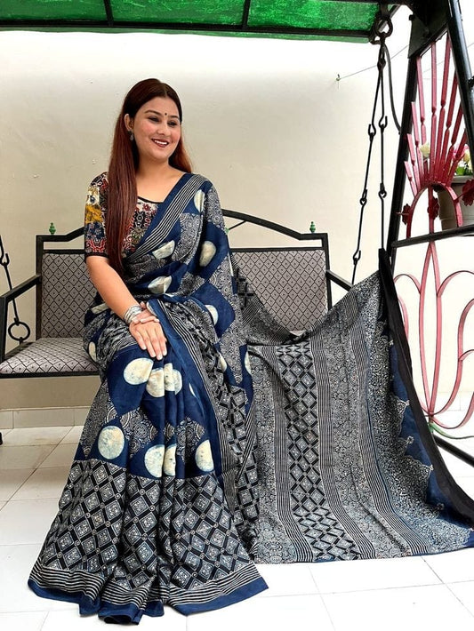 Elegant Navy Blue Ajrakh Print Saree with Geometric Motifs