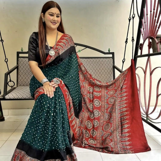 Majestic Ajrakh Saree in Green & Maroon Elegance