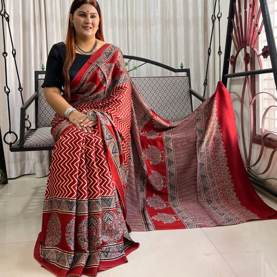 Classic Red Ajrakh Saree with Intricate Detailing