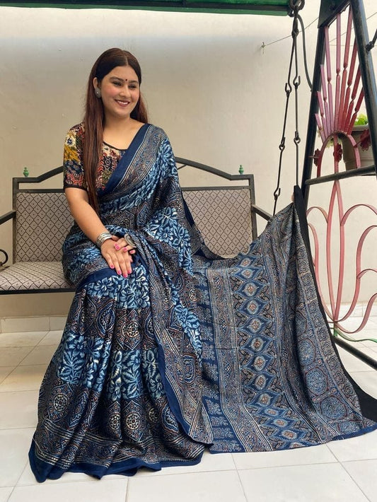 Elegant Indigo Blue Ajrakh Saree