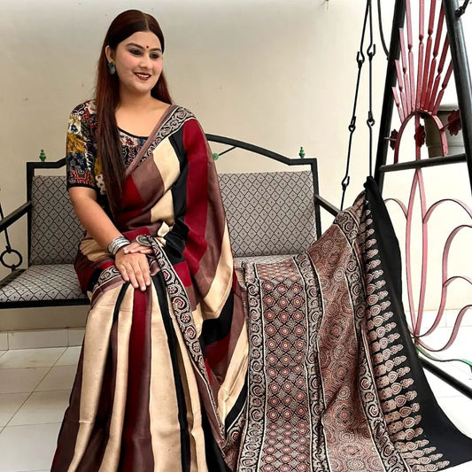Elegant Muslin Fabric Digital Print Striped Ajrakh Saree in Earthy Tones