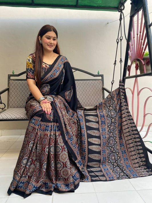 Premium Muslin Fabric Digital Print Ajrakh Saree in Classic Black with Traditional Motifs