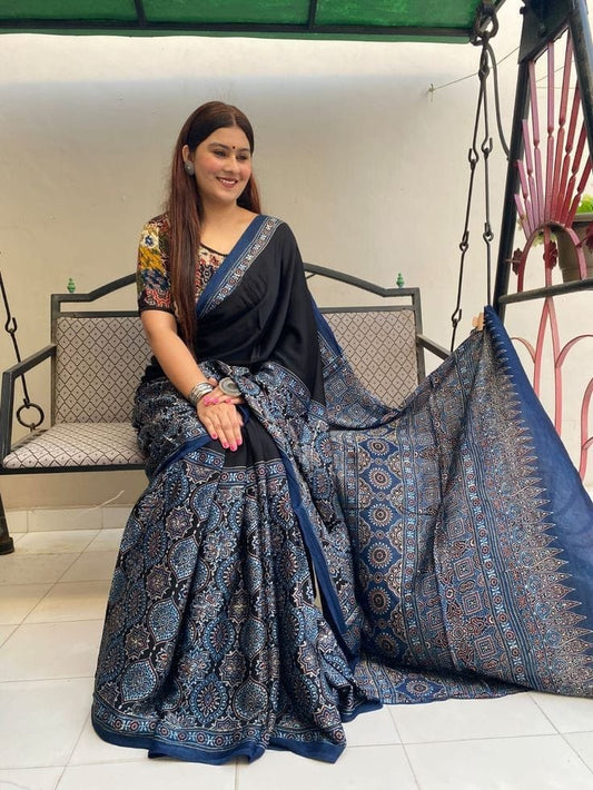 Elegant Muslin Fabric Digital Print Ajrakh Saree in Black and Blue with Geometric Motifs